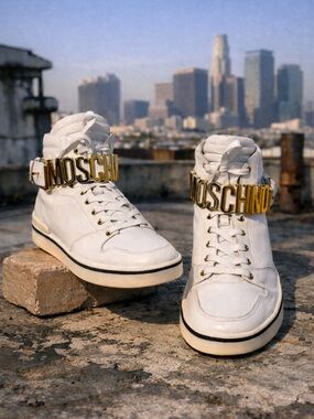 Moschino White Gold Logo High Top Sneakers Made in Italy Size 12 / EU 45